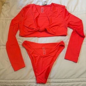 NWT Fashion Nova Bright Orange Long Sleeve Crop Top High Waist Swimsuit Sz M